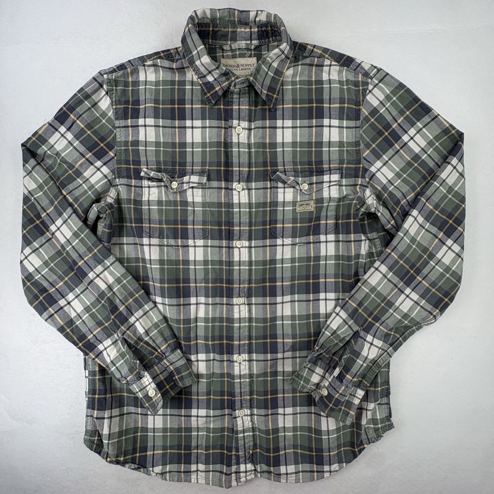 Denim Supply Ralph Lauren Shirt Mens Large Green Navy Plaid Cotton Workwear